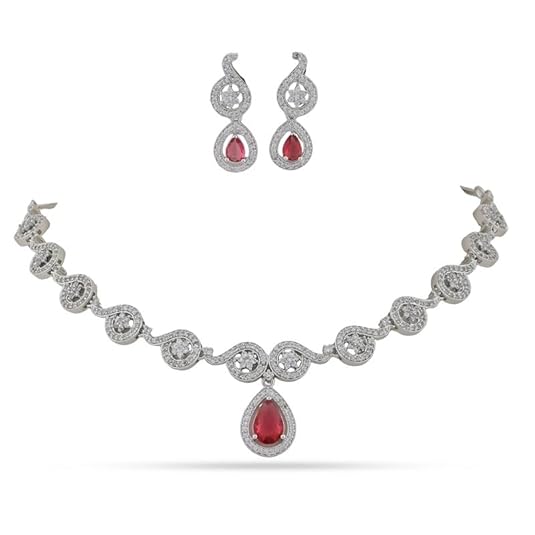 Women Brass Rhodium Plated Teardrop Design Pendant Necklace with Matching Earrings Set